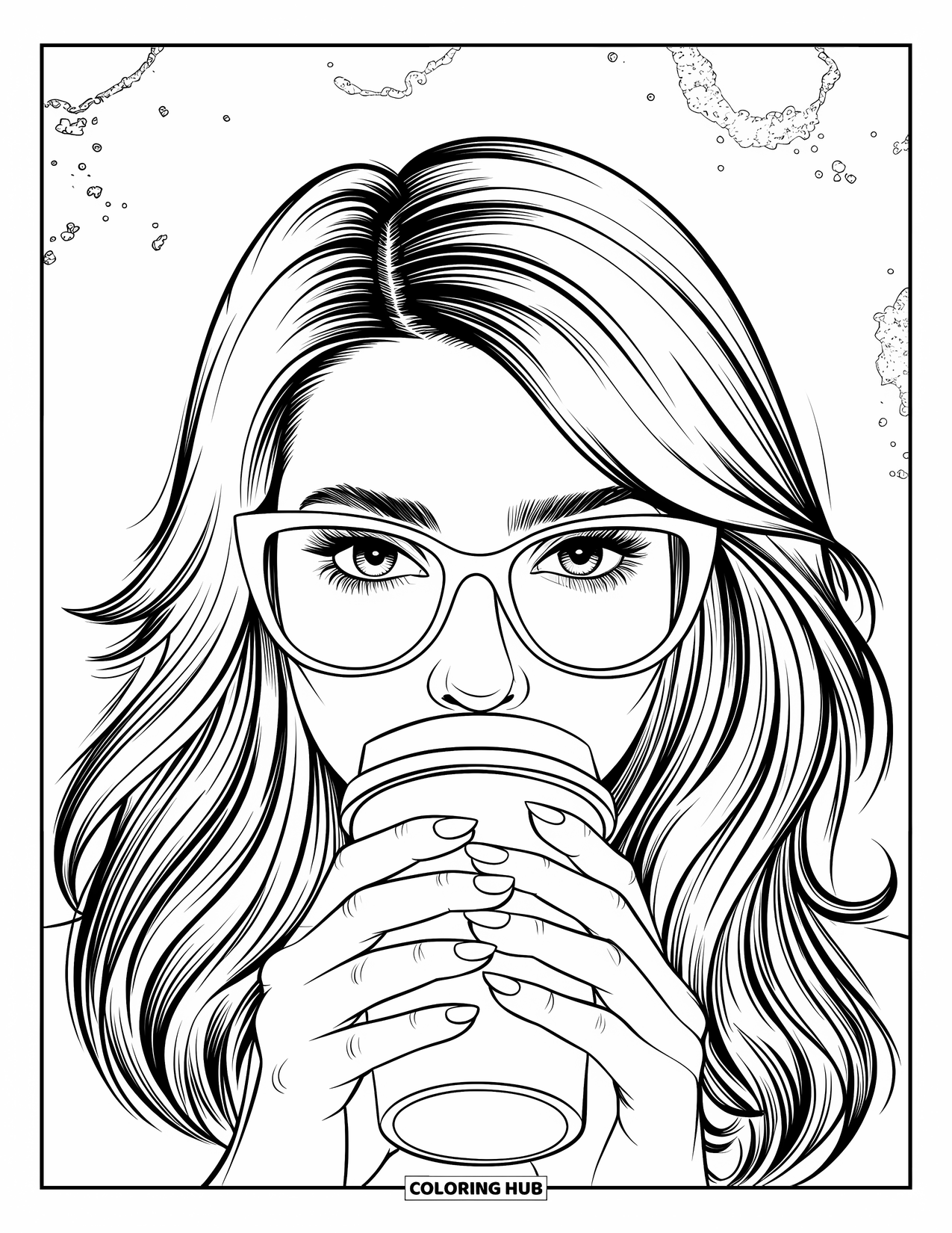 Woman Coloring Page for Kids: Trendy woman with glasses sipping from her reusable cup