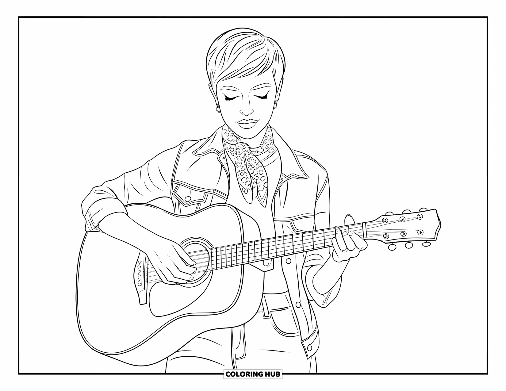 Woman Coloring Page for Kids: Trendy woman with pixie cut and scarf playing acoustic guitar