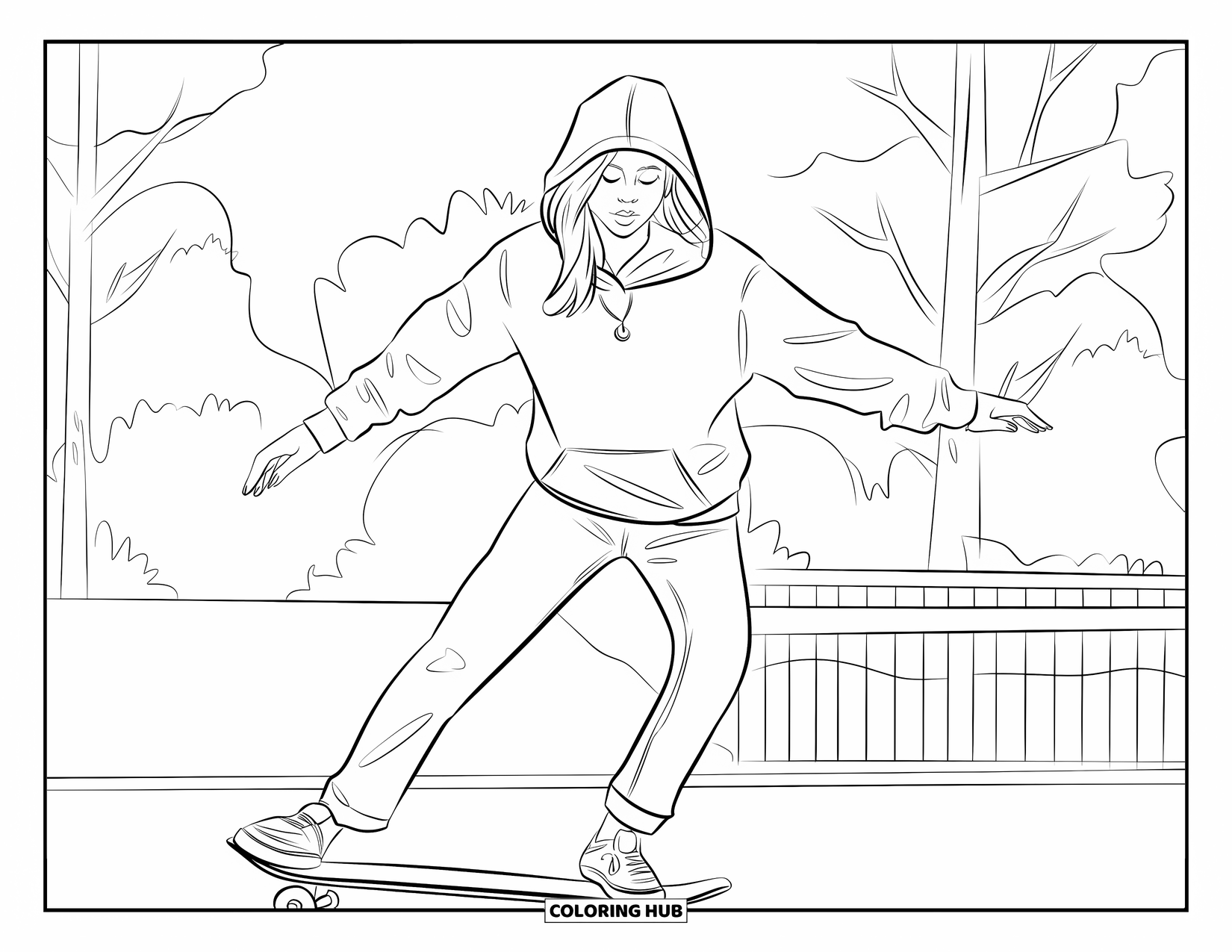 Woman Coloring Page for Kids: Woman skateboarding in hoodie near trees and fence