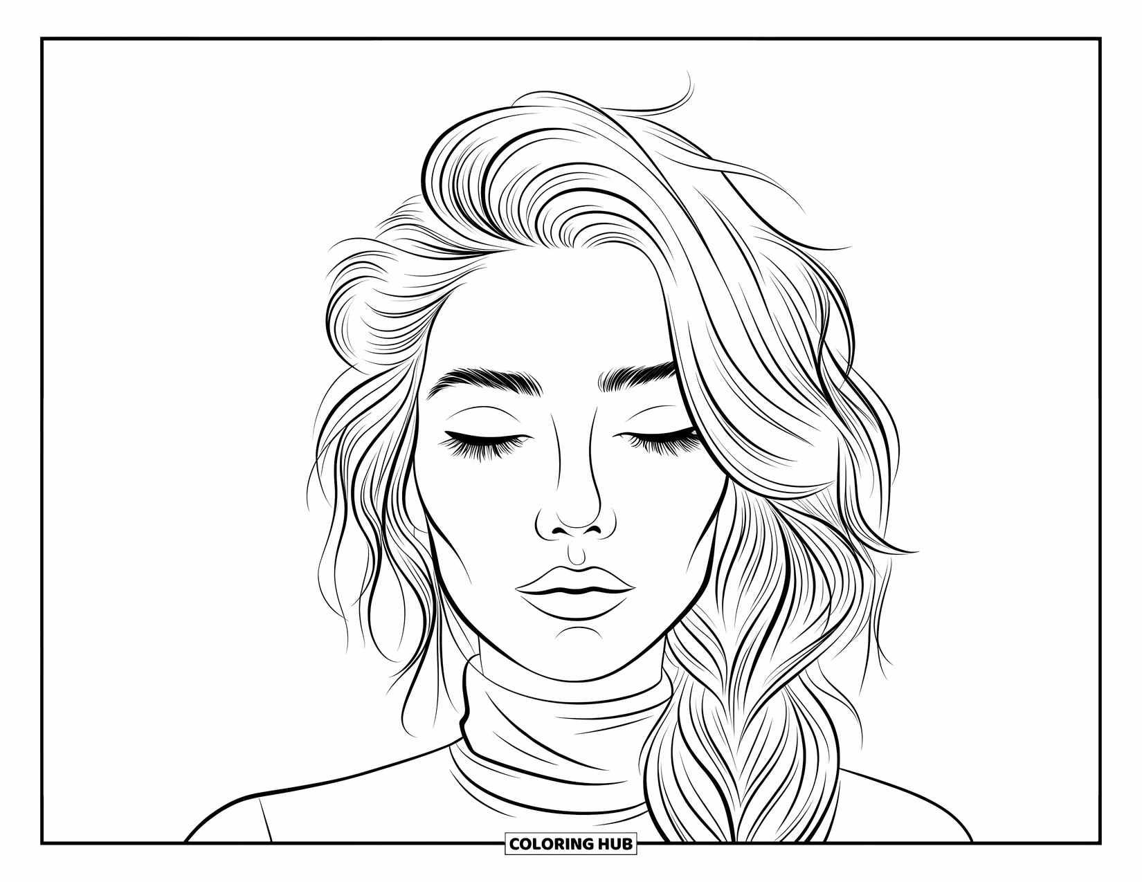 Woman Coloring Page for Kids: Woman with dreamy eyes and tousled hair in a side twist