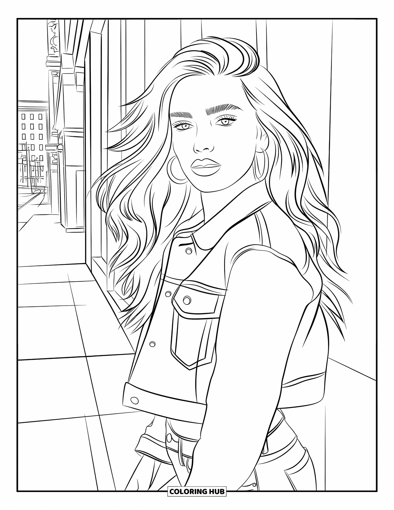 Woman Coloring Page for Kids: Woman with long waves, hoop earrings, cropped jacket, leaning on wall