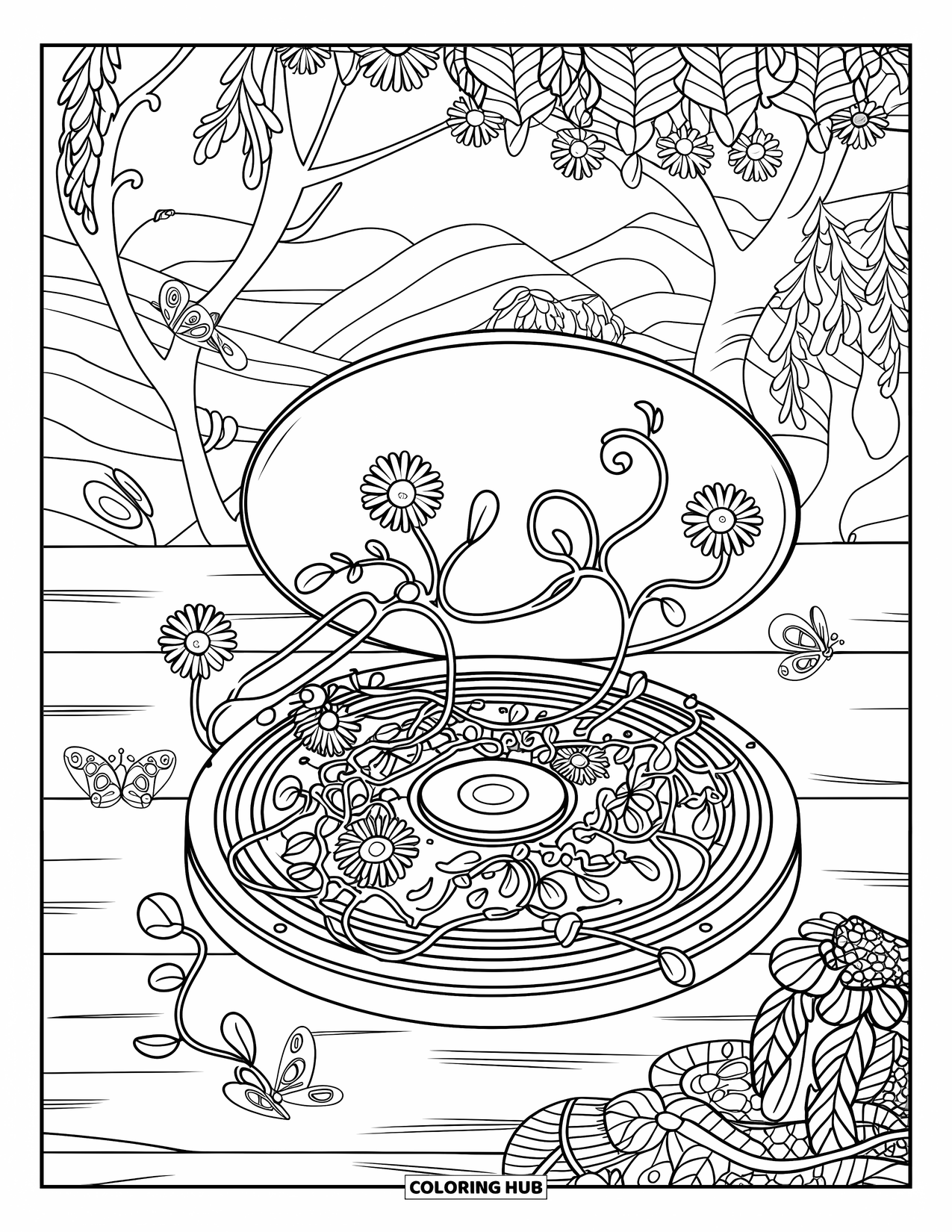 2000S Coloring Page for Adults: A CD player with vines, butterflies, and flowers in a serene landscape