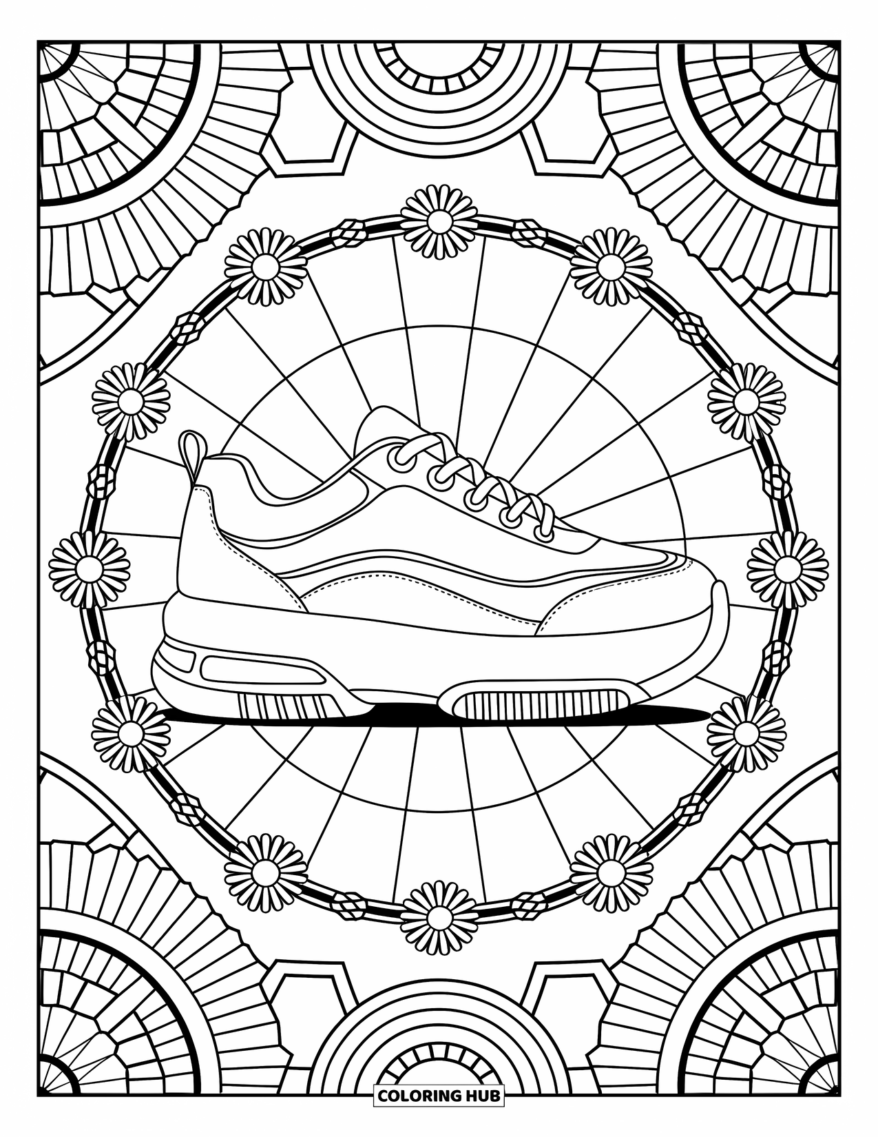 2000S Coloring Page for Adults: A chunky platform shoe encircled by daisies and geometric tile shapes