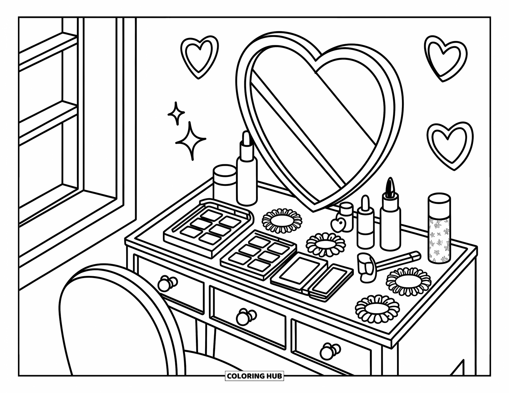 2000S Coloring Page for Adults: A cozy vanity with heart mirror, scrunchies, and glitter hairspray