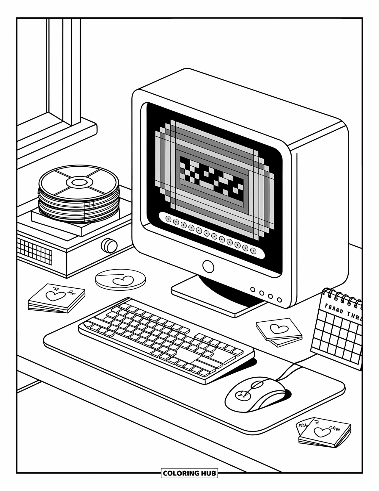 2000S Coloring Page for Adults: A cute desktop setup with a chunky computer and pixel homepage