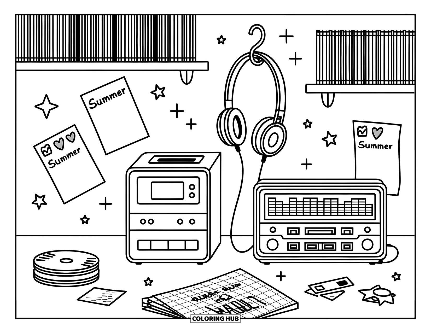 2000S Coloring Page for Adults: A cute music nook with CDs, doodles, and glowing stereo lights