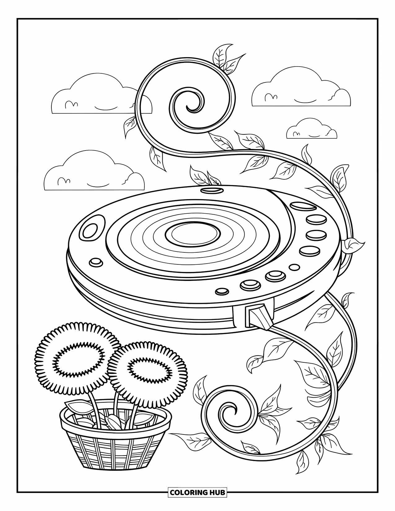 2000S Coloring Page for Adults: A flower-wrapped CD player with buttons and decorative details