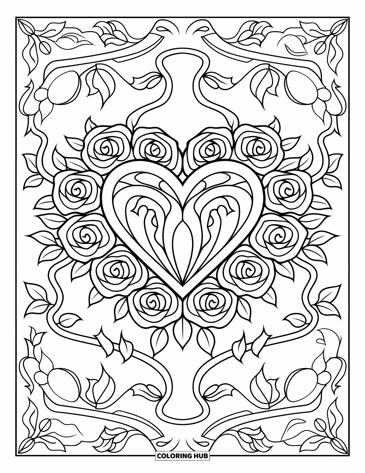 2000S Coloring Page for Adults: A rose-framed tribal heart design set among vines and flowers