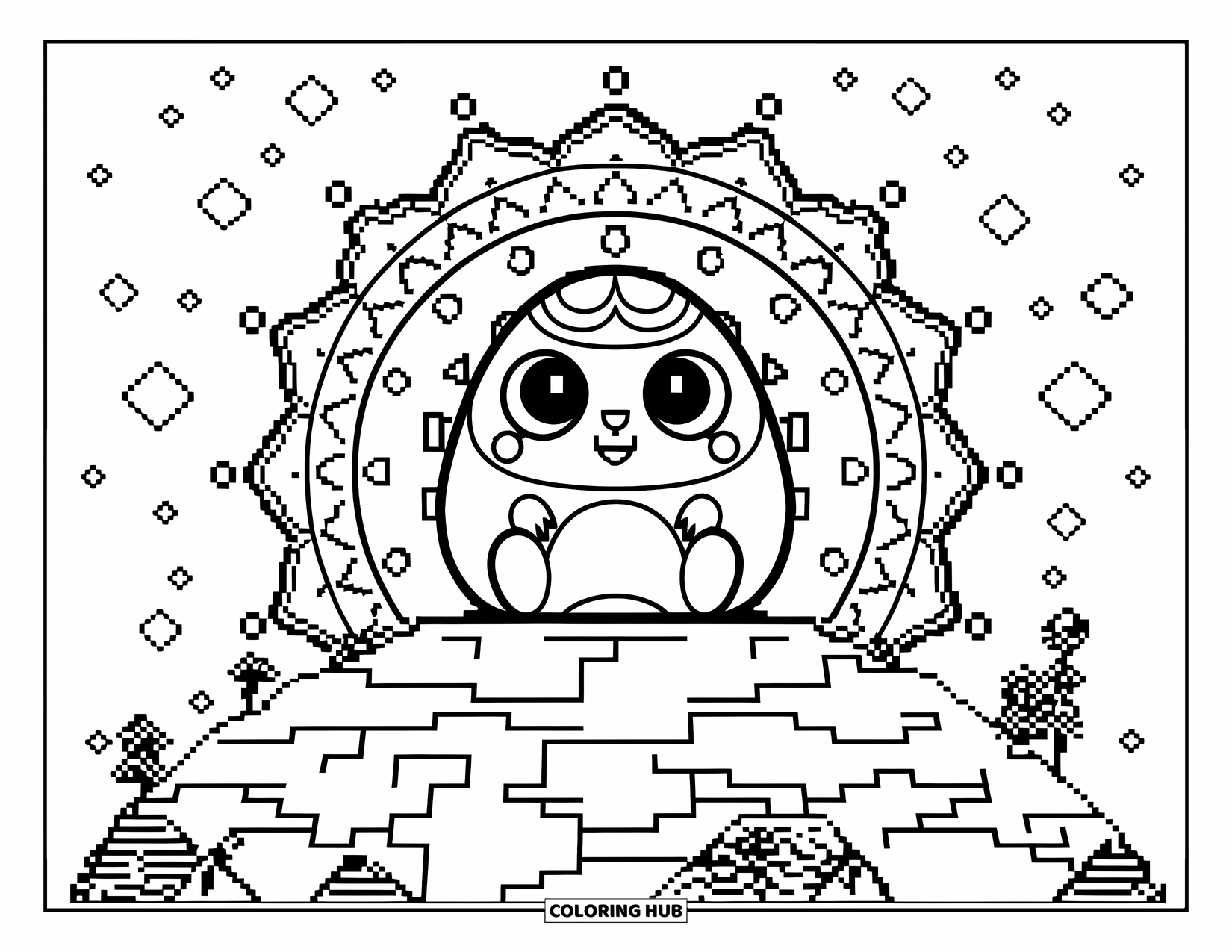 2000S Coloring Page for Adults: A Tamagotchi device resting on a pixelated planet with a starry mandala