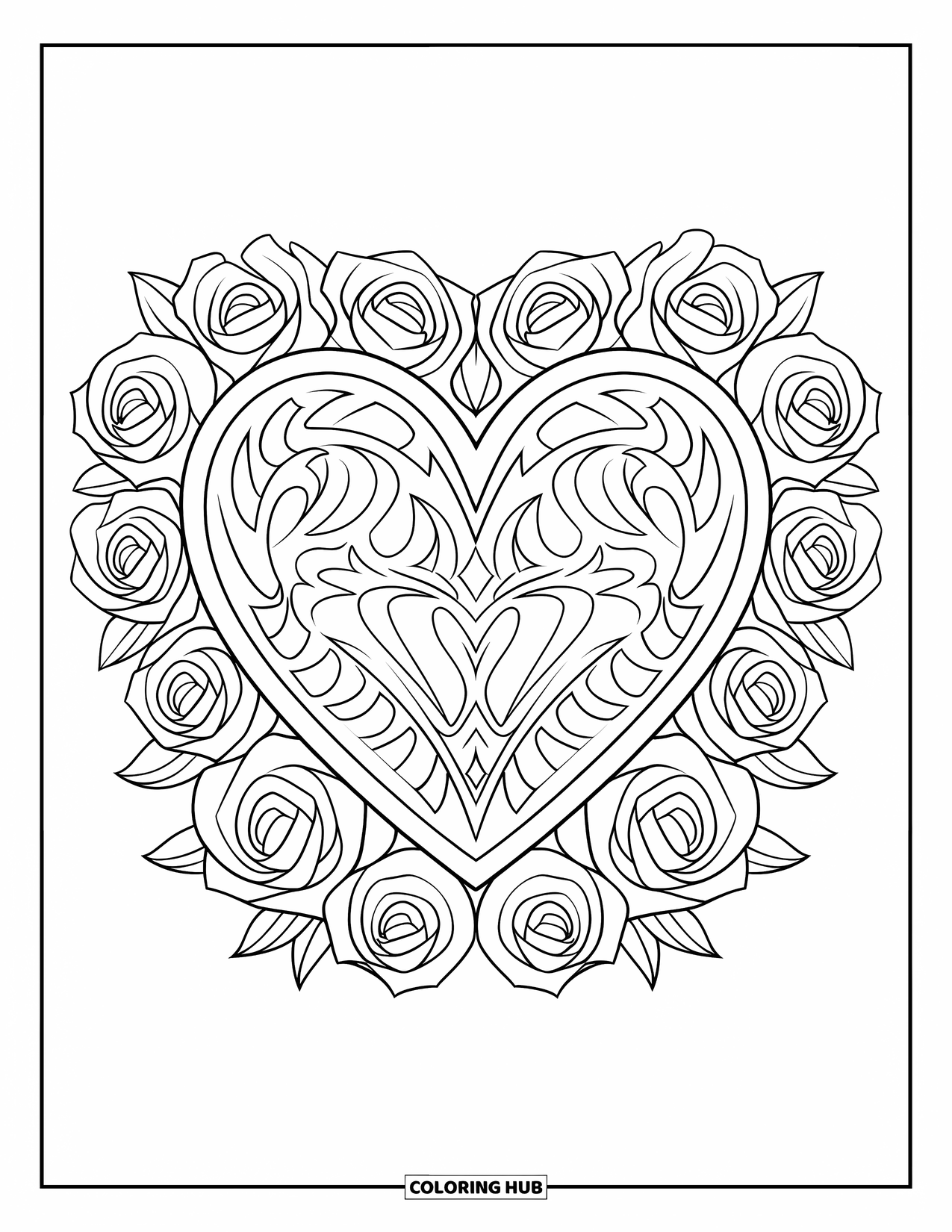 2000S Coloring Page for Adults: A tribal tattoo heart framed by roses in a cute 2000s-inspired style