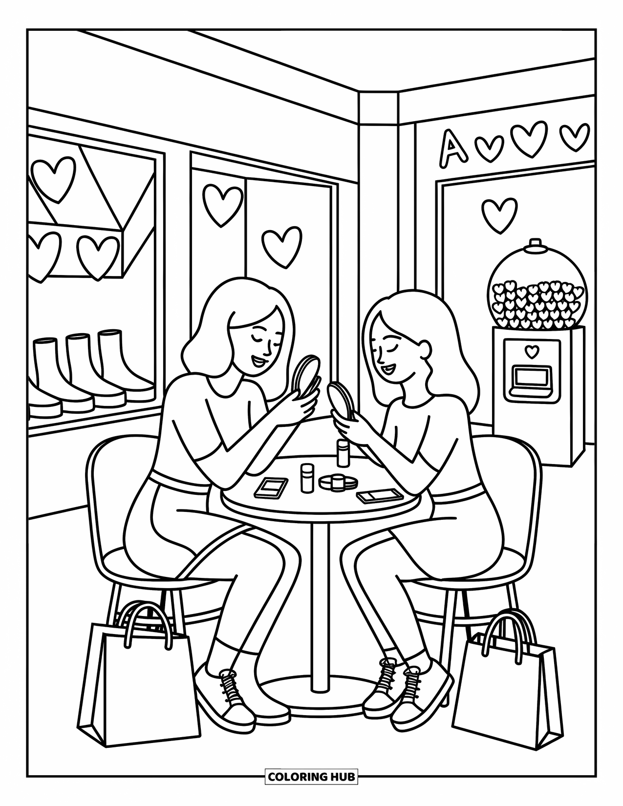 2000S Coloring Page for Adults: Two girls at a mall table with lip gloss and heart gumballs