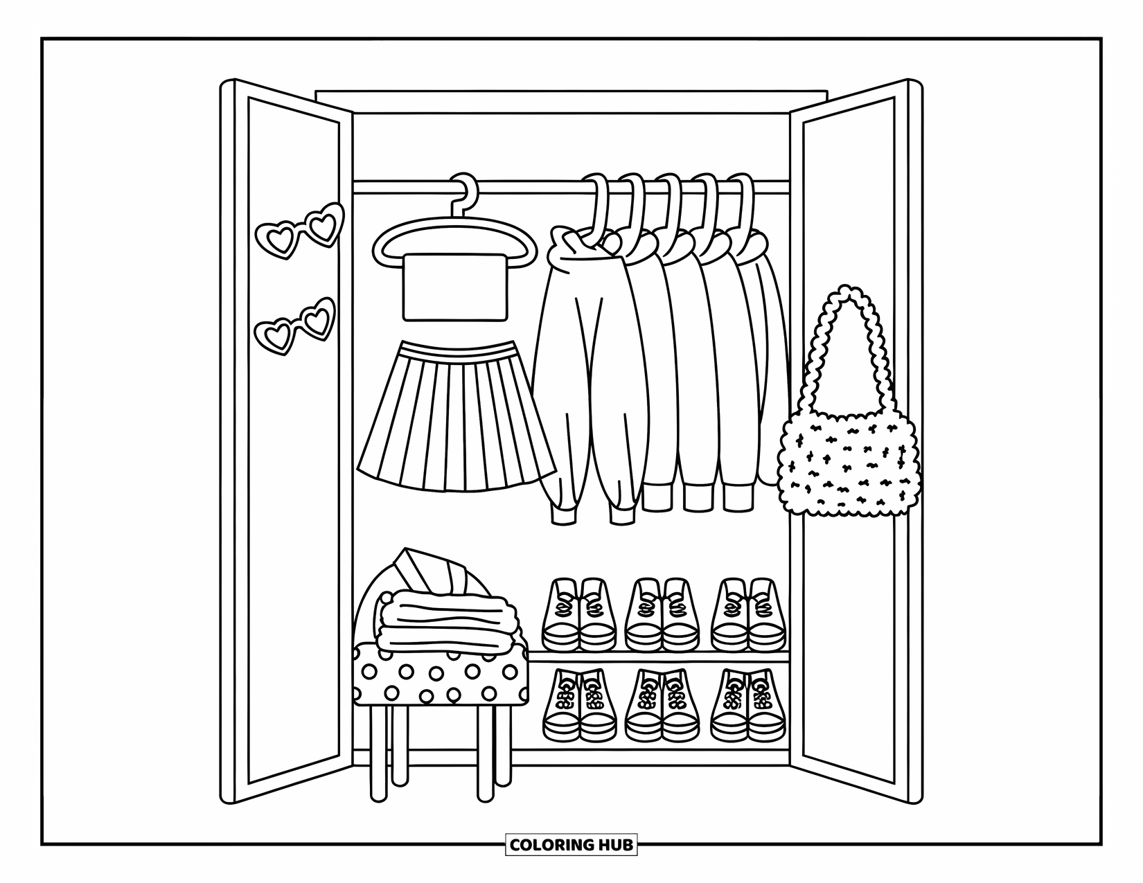 2000S Coloring Page for Kids: A 2000s closet filled with skirts, hoodies, and platform shoes