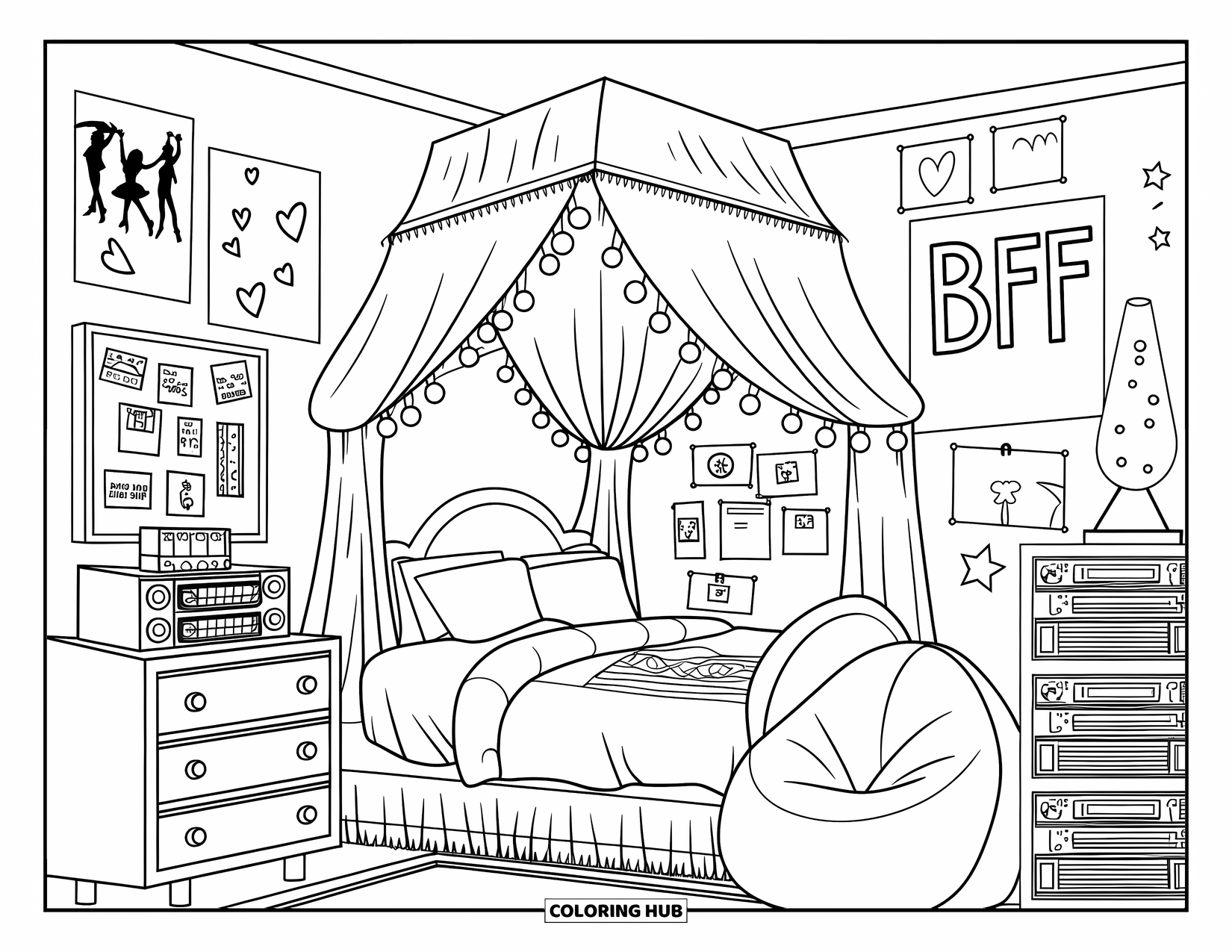 2000S Coloring Page for Kids: A 2000s-style bedroom with string lights, lava lamp, and vintage decor