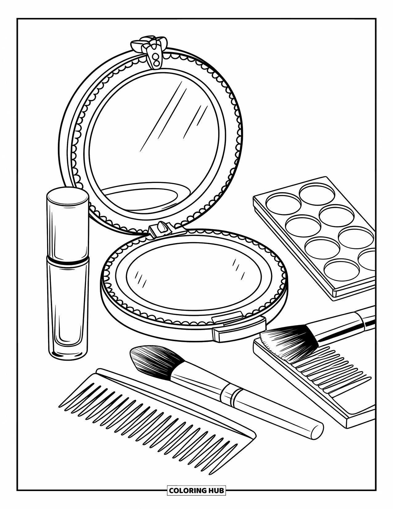 2000S Coloring Page for Kids: A 2000s vanity with makeup, lip gloss, and shiny accessories