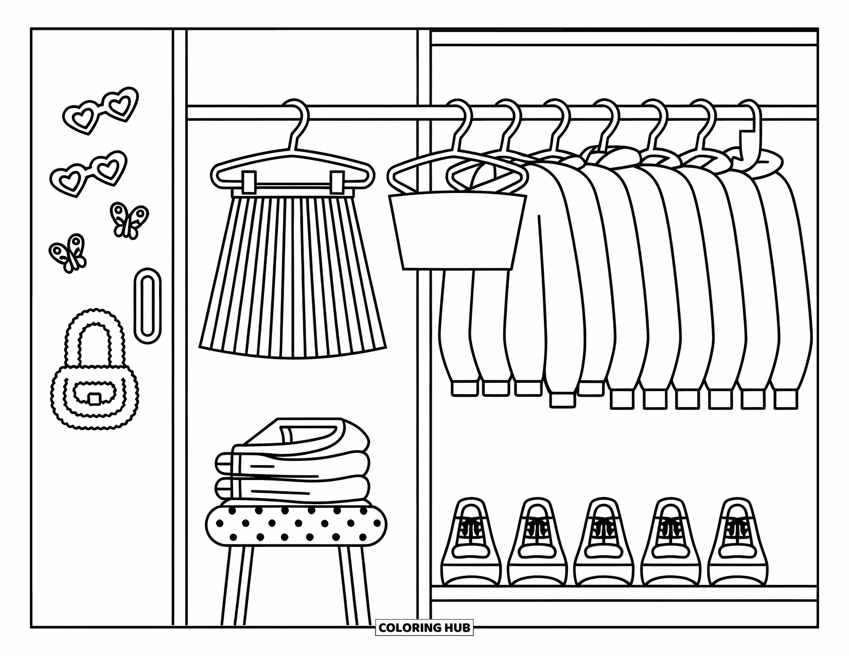 2000S Coloring Page for Kids: A closet packed with early 2000s outfits and cute accessories