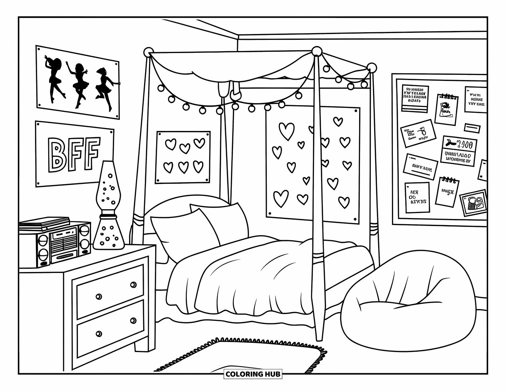 2000S Coloring Page for Kids: A comfy teen room with a canopy bed, string lights, and dance posters