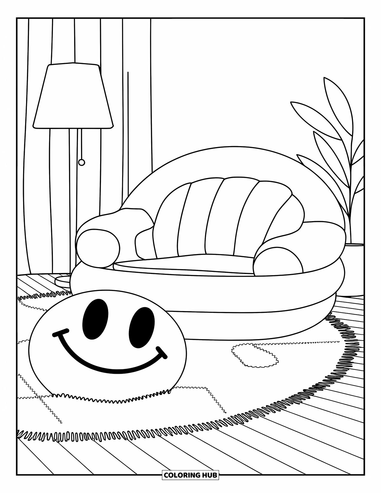 2000S Coloring Page for Kids: A cozy 2000s-inspired room with an inflatable chair and lamp