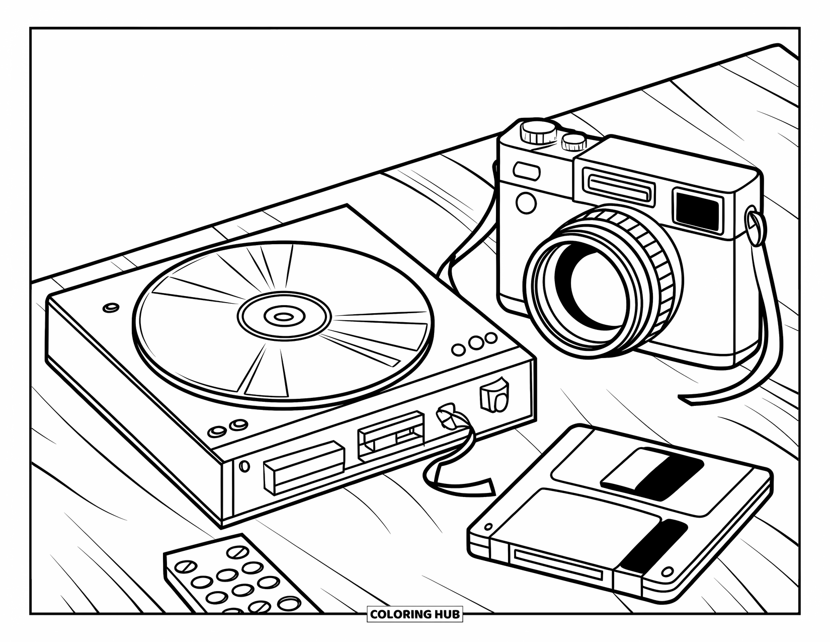 2000S Coloring Page for Kids: A cute early-2000s tech set with CD player and digital camera