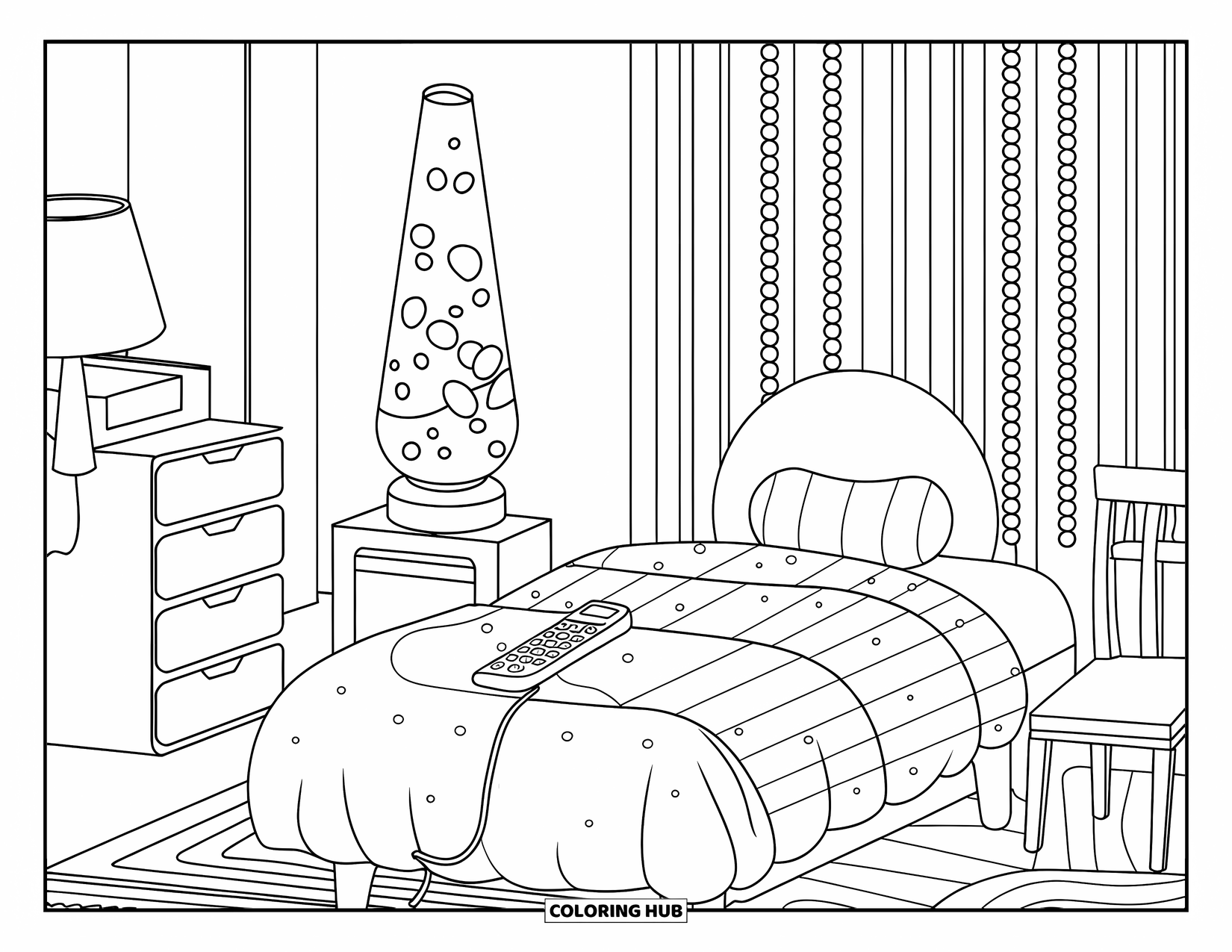 2000S Coloring Page for Kids: A girly Y2K bedroom with a lava lamp, phone, and patterned rug