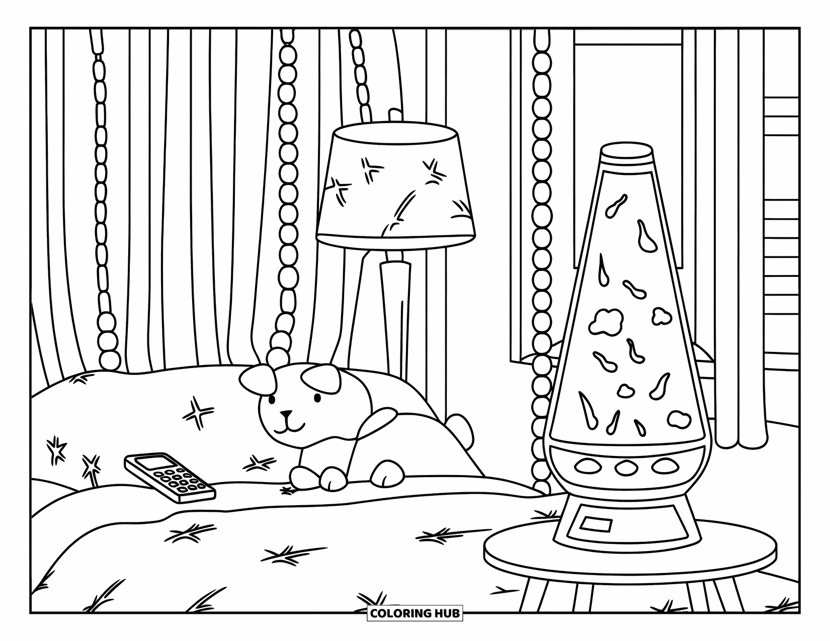 2000S Coloring Page for Kids: A pink-and-white 2000s room with a lava lamp and plush decor