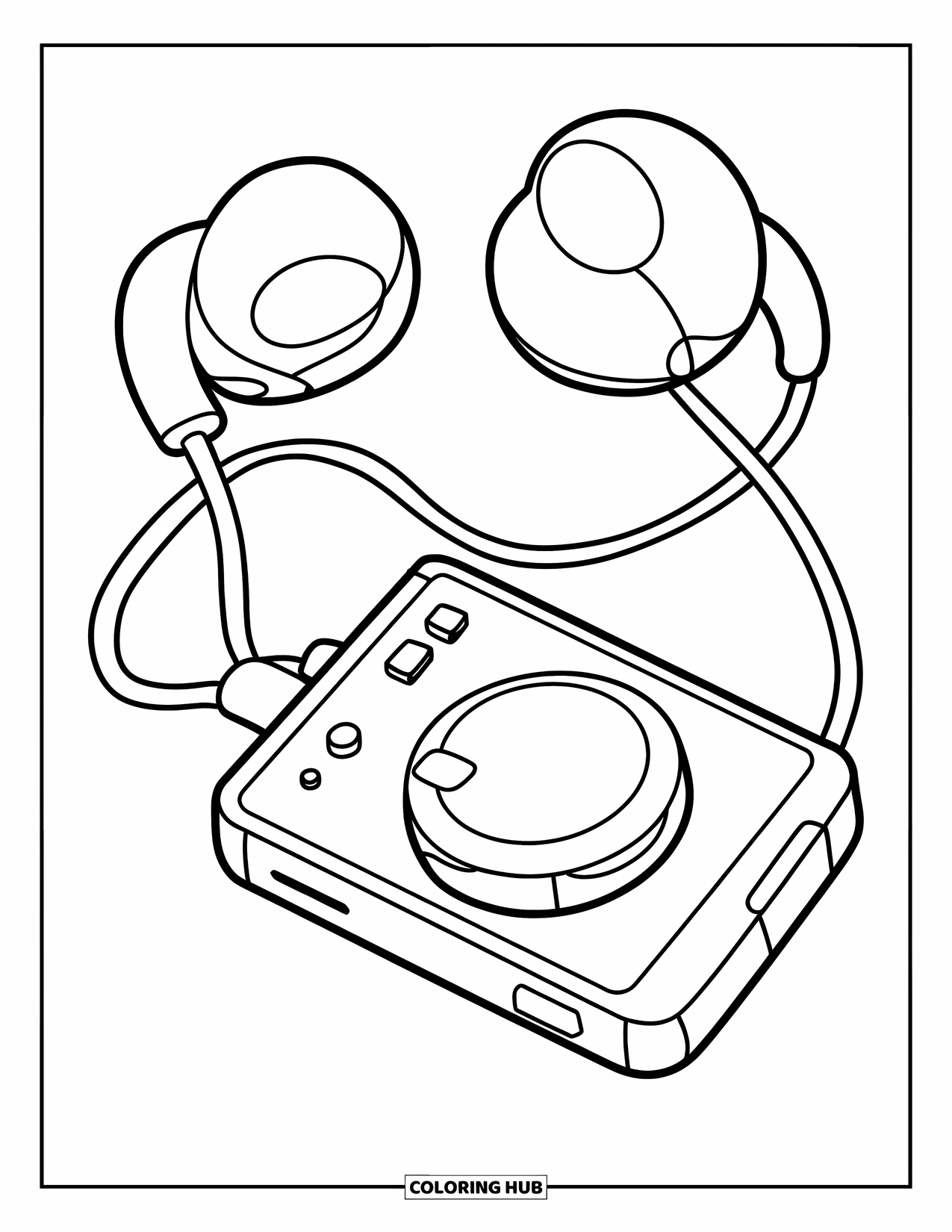 2000S Coloring Page for Kids: A retro MP3 player with large earbuds and simple outlines