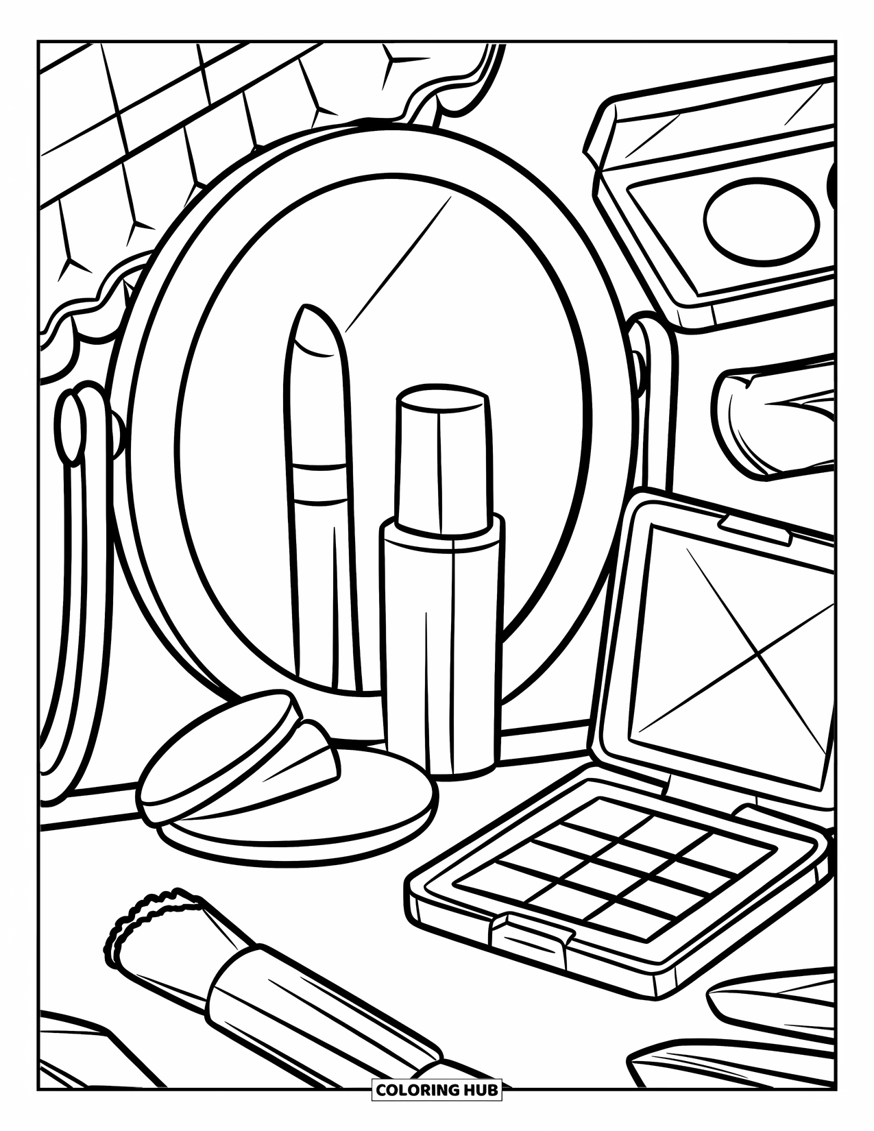 2000S Coloring Page for Kids: A vanity with lip gloss, mirror, and cute early 2000s accessories