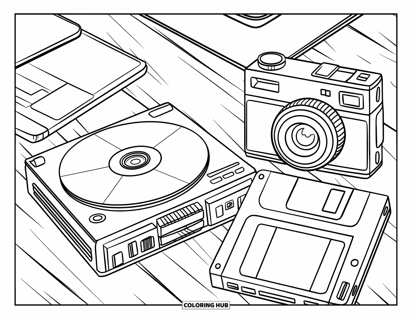 2000S Coloring Page for Kids: Classic 2000s gadgetscamera, CD player, and floppy diskon a desk