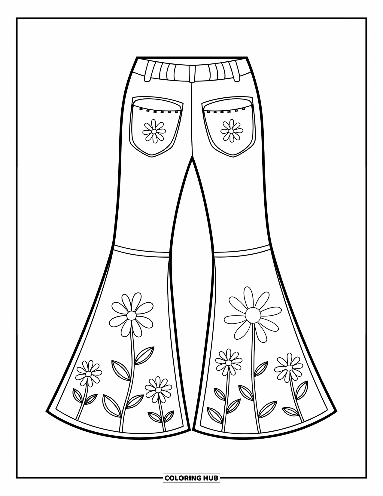 2000S Coloring Page for Kids: Flower-stitch jeans drawn in a cute Y2K-inspired style