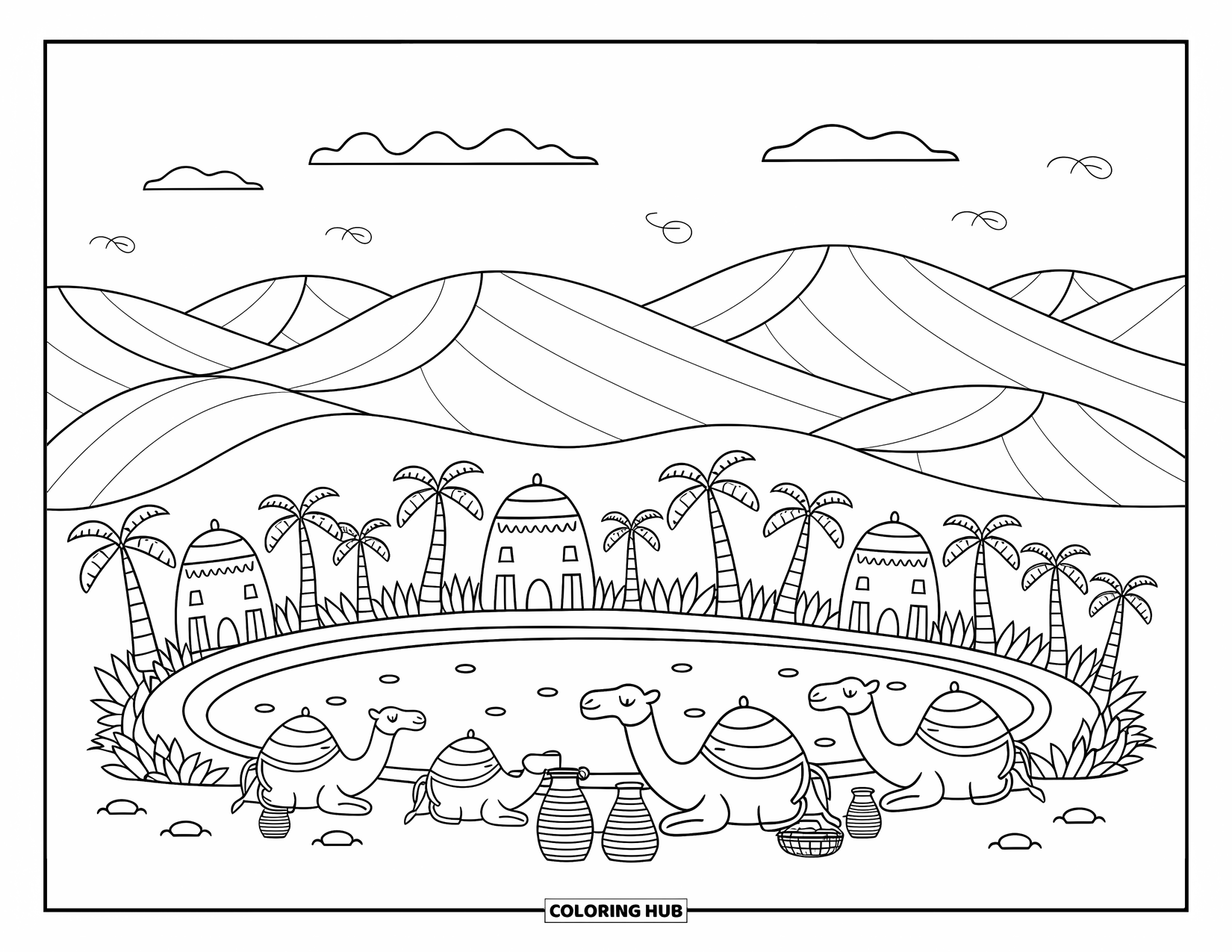 Africa Coloring Page for Adults: A gentle desert breeze flows around an oasis with palm trees and camels