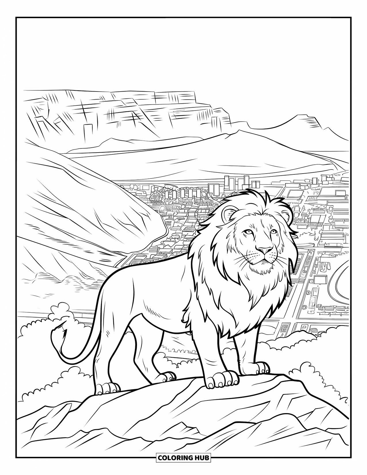 Africa Coloring Page for Adults: A proud lion stands before Table Mountain and the city below