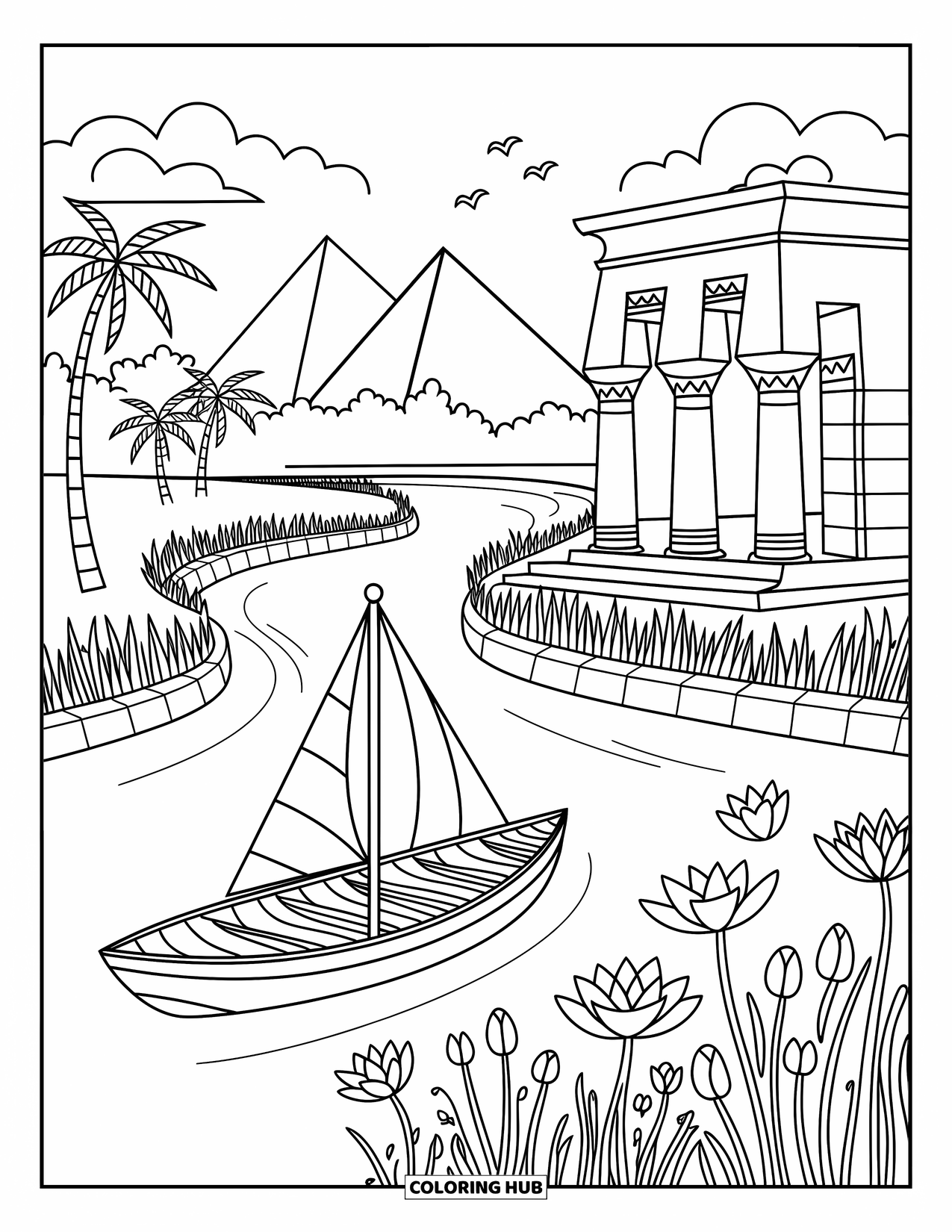 Africa Coloring Page for Adults: A temple, pyramids, and sailboat beside the calm, flowing Nile