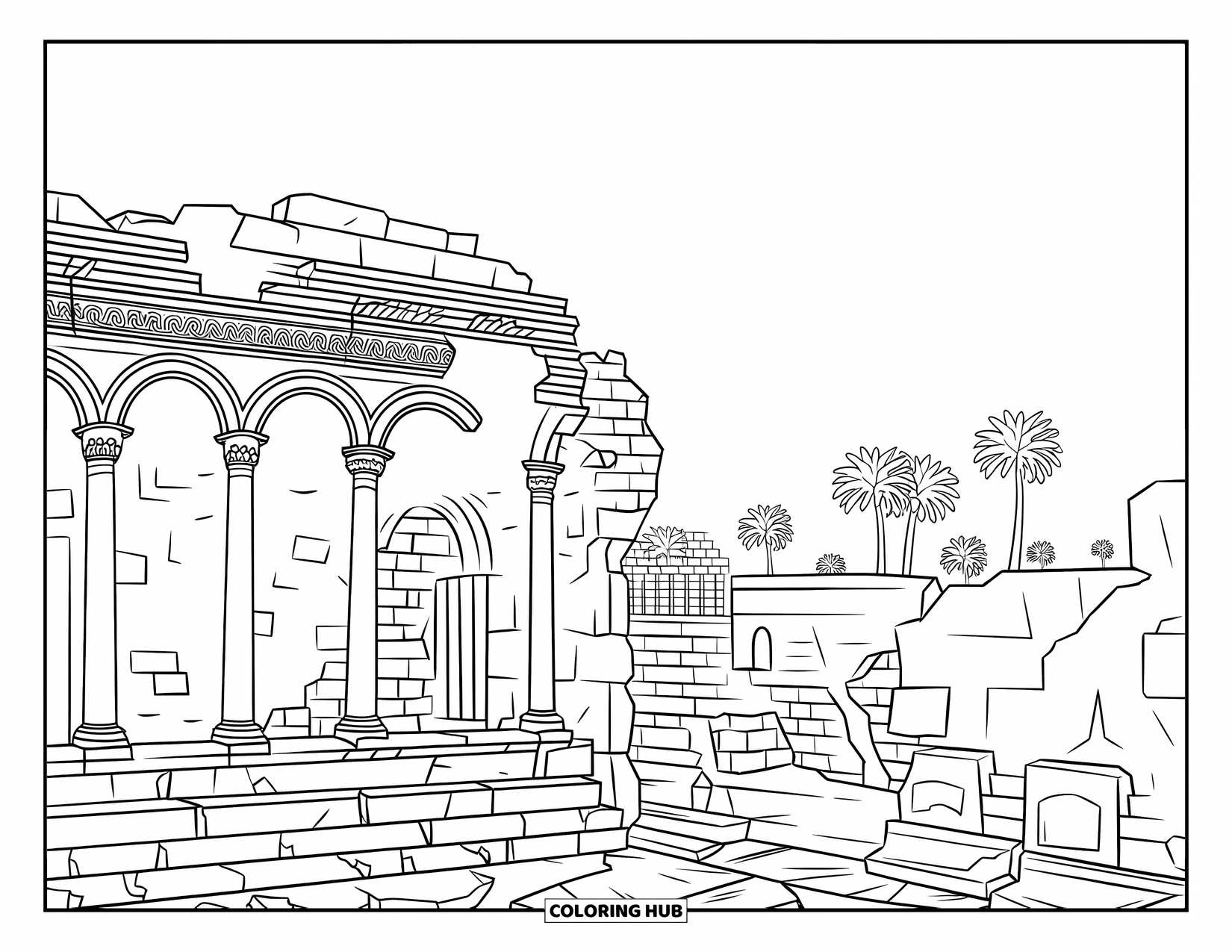 Africa Coloring Page for Adults: Ancient Carthage ruins with columns, stone walls, and distant palm trees