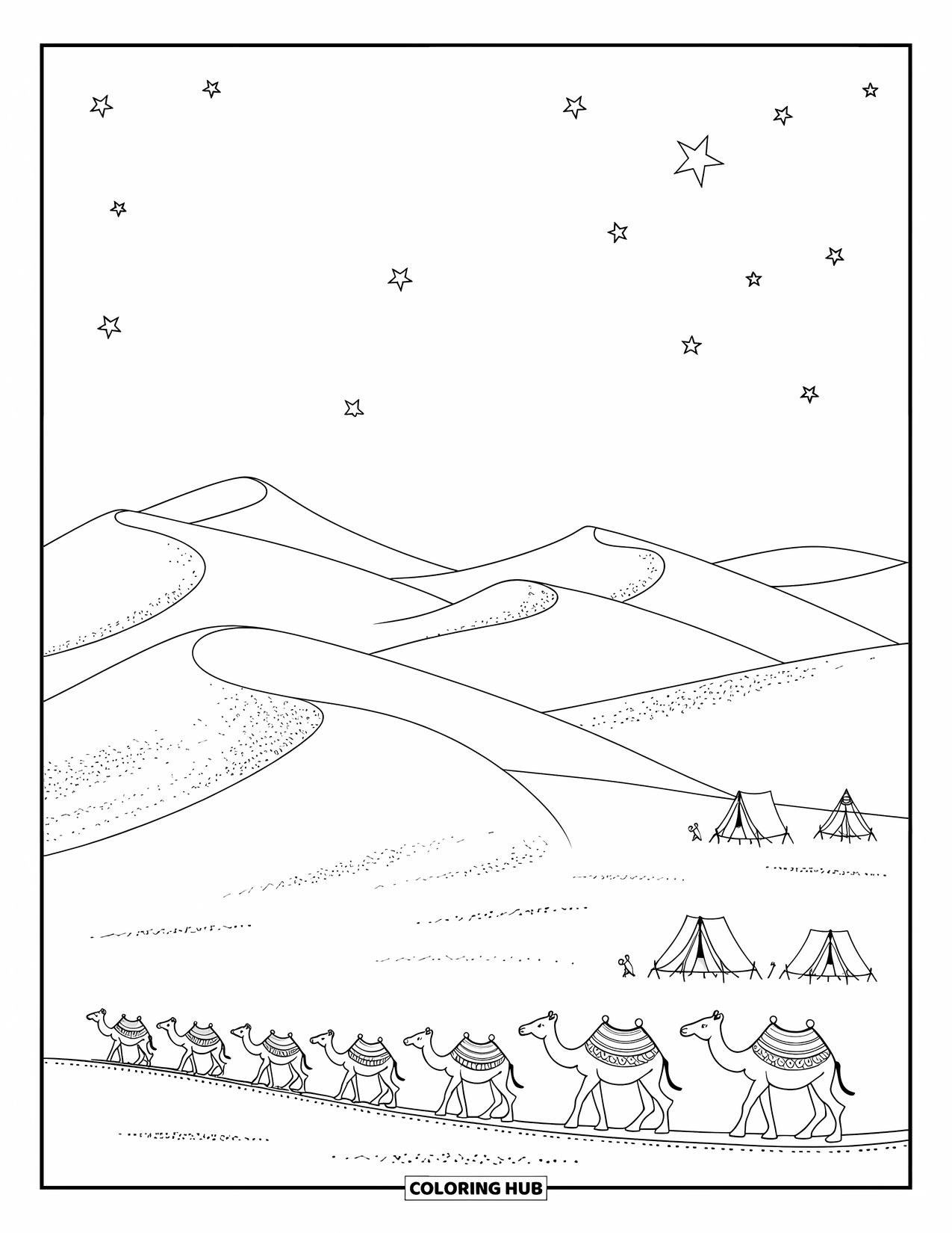 Africa Coloring Page for Adults: Camels and tents rest beneath the stars in the Sahara Desert