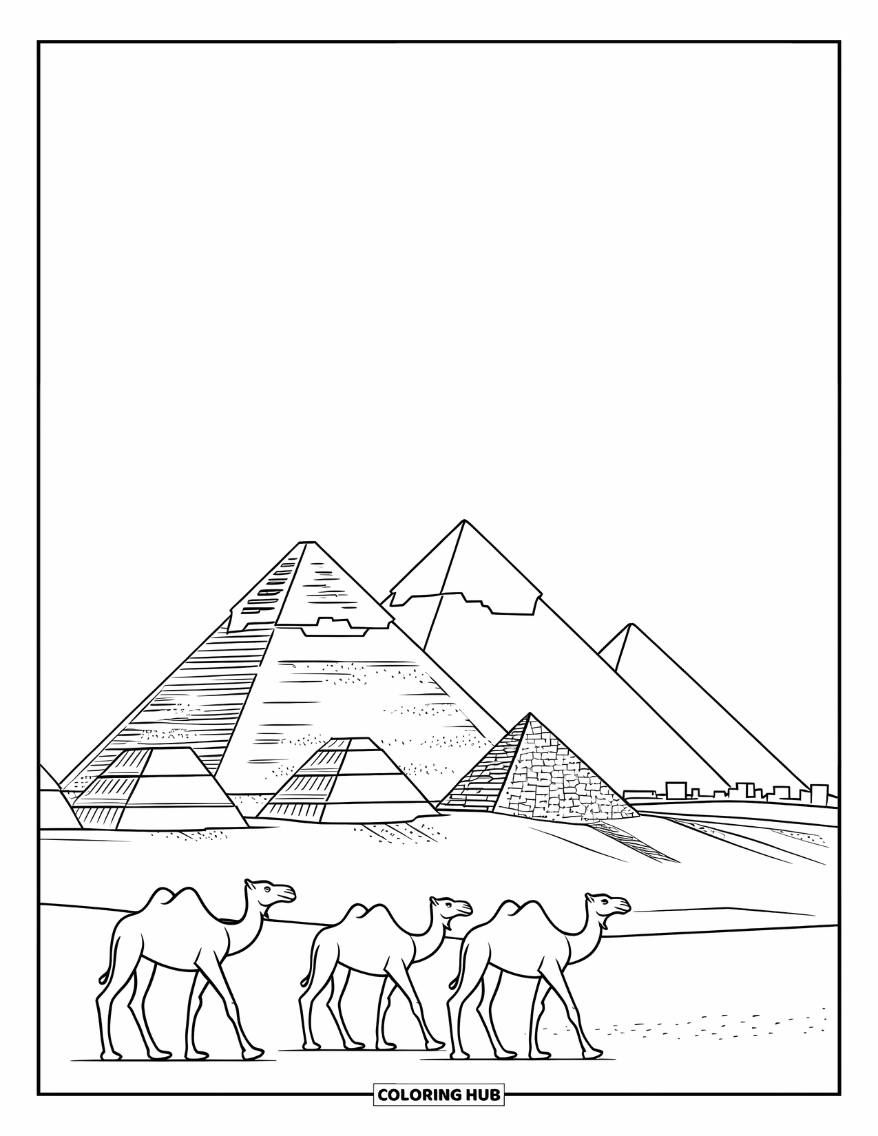 Africa Coloring Page for Adults: Camels travel past the Great Pyramids beneath a bright sky
