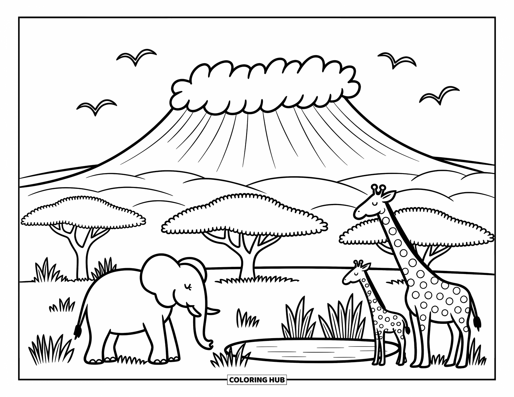 Africa Coloring Page for Adults: Mount Kilimanjaro towers over a pond with elephants, giraffes, and birds
