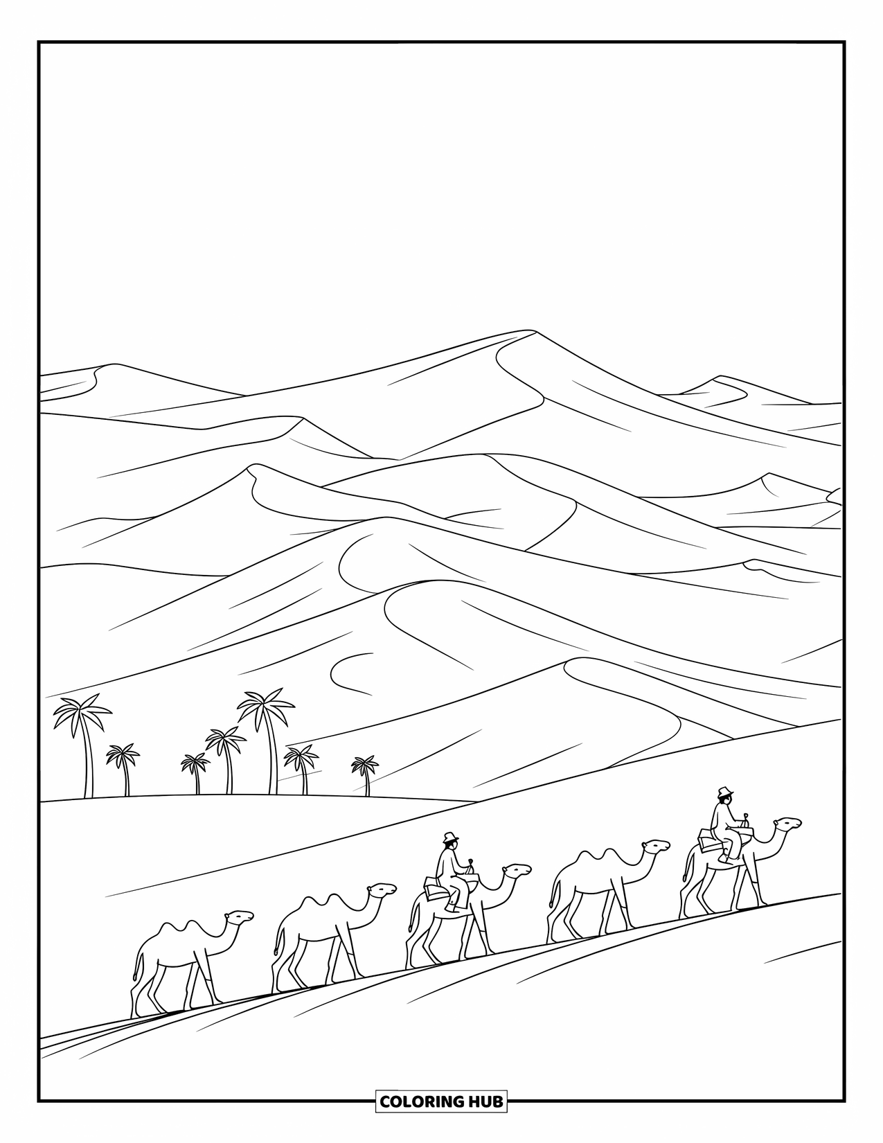 Africa Coloring Page for Adults: Riders guide camels through the vast Sahara sands