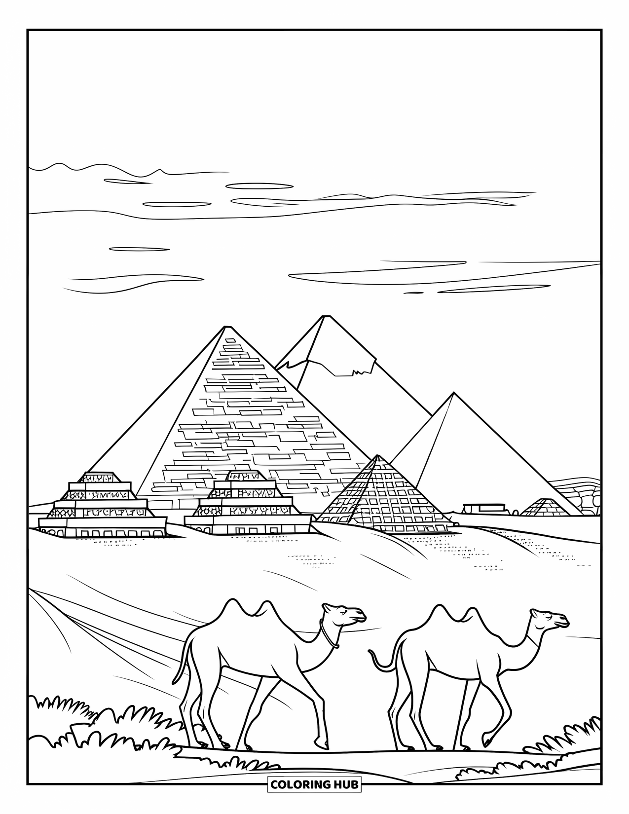 Africa Coloring Page for Adults: The Great Pyramids tower over camels walking in the desert