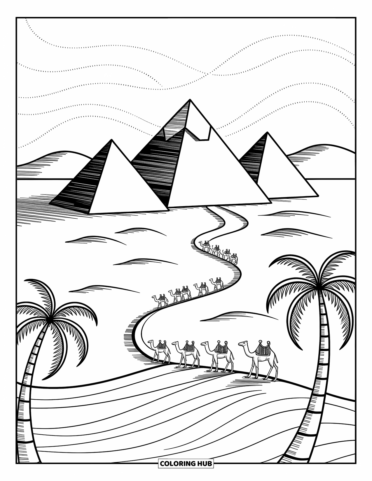 Africa Coloring Page for Adults: Three pyramids rise behind sand dunes with camels crossing below