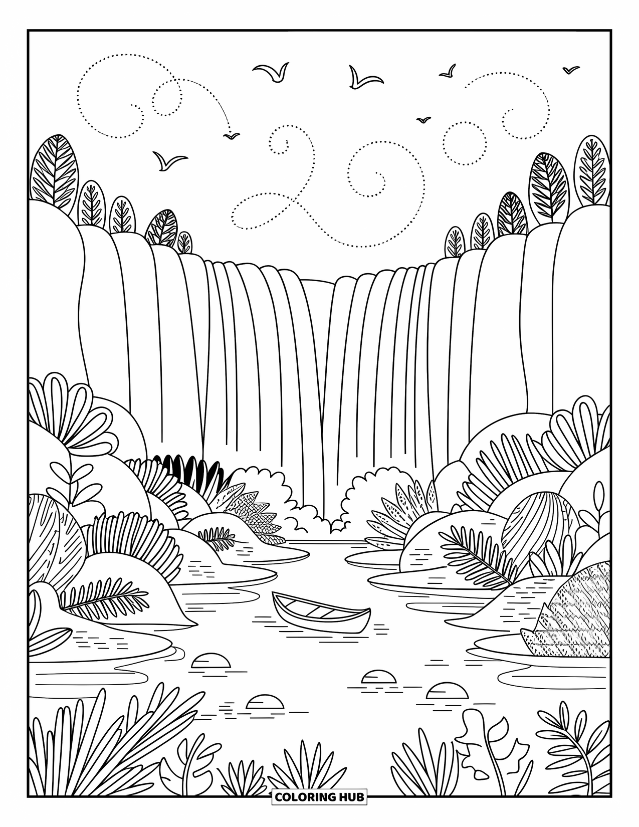 Africa Coloring Page for Adults: Victoria Falls cascades down a wide cliff surrounded by lush plants