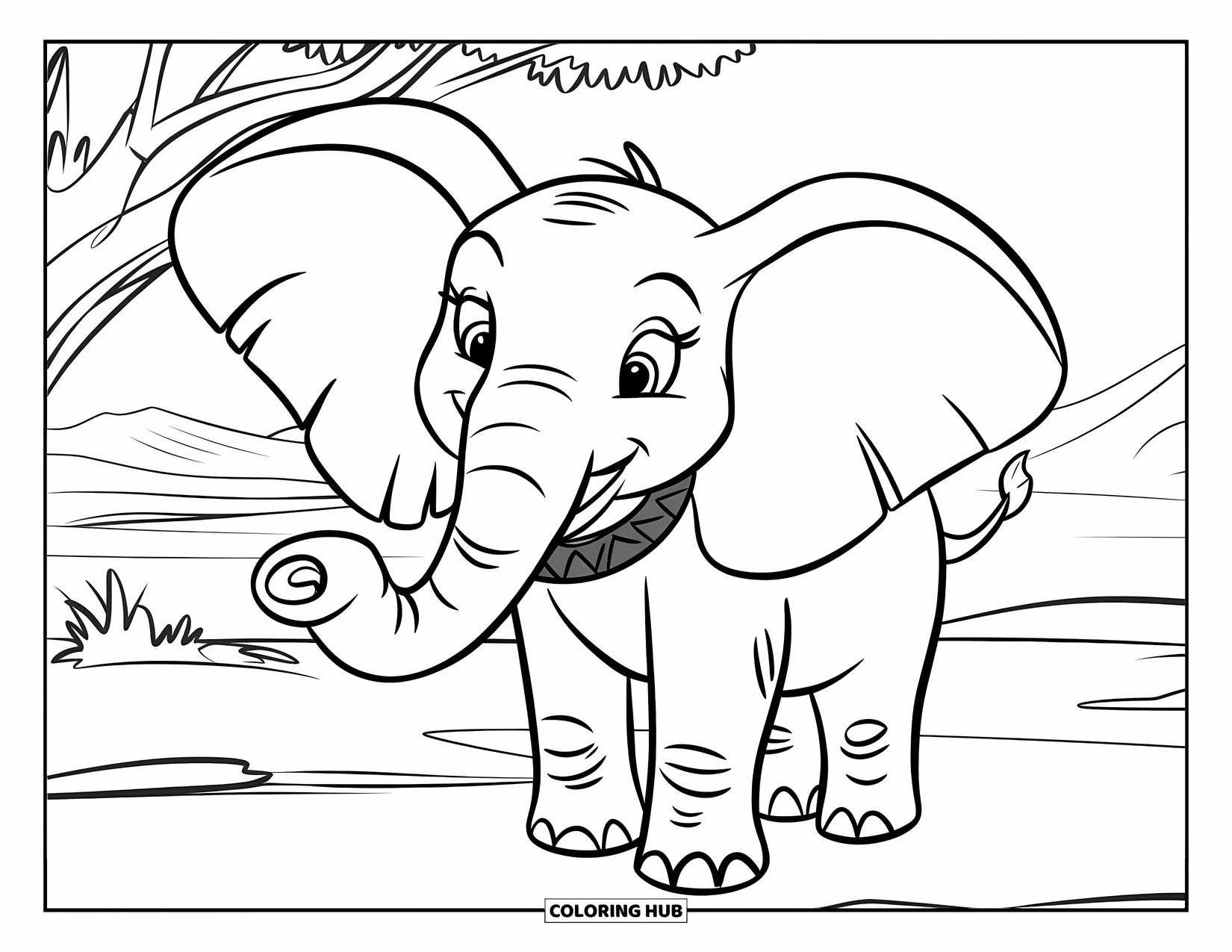 Africa Coloring Page for Kids: A cheerful elephant stands proudly among trees and hills