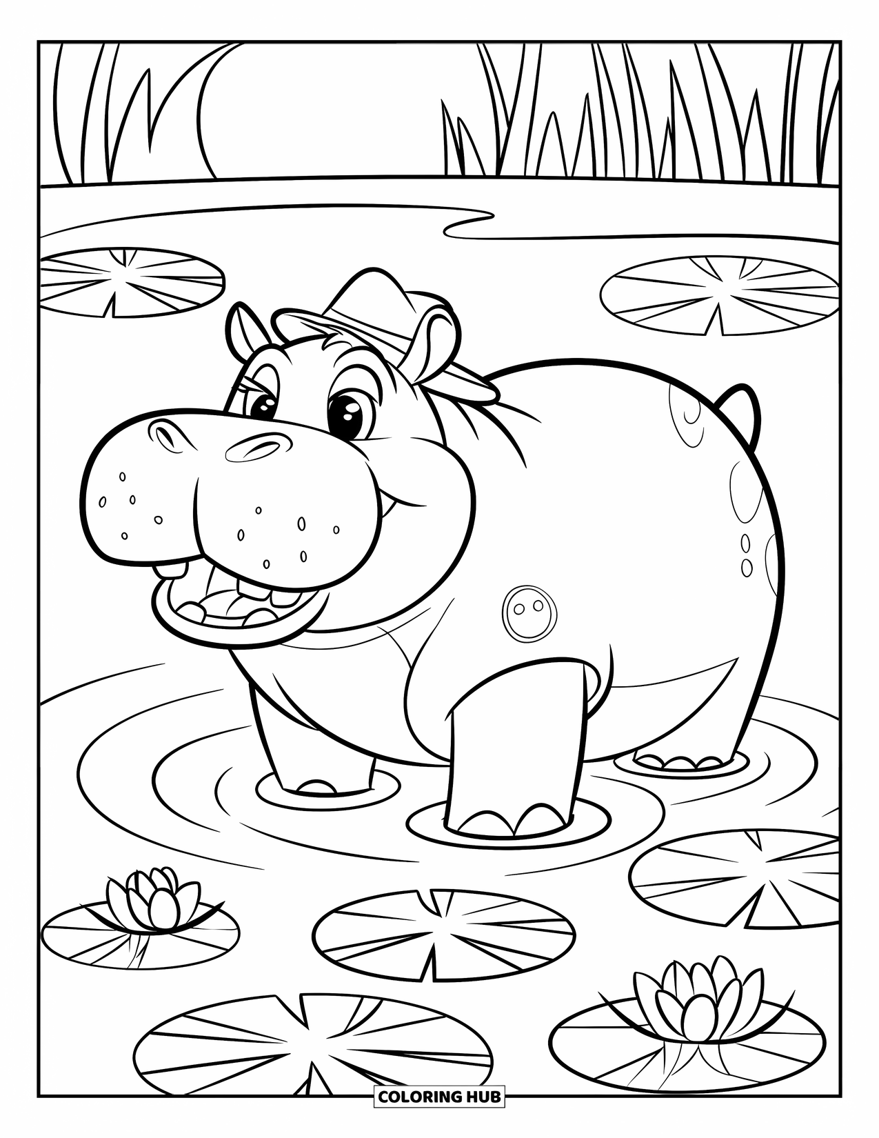 Africa Coloring Page for Kids: A cheerful hippo rests in a lily pond under clear skies