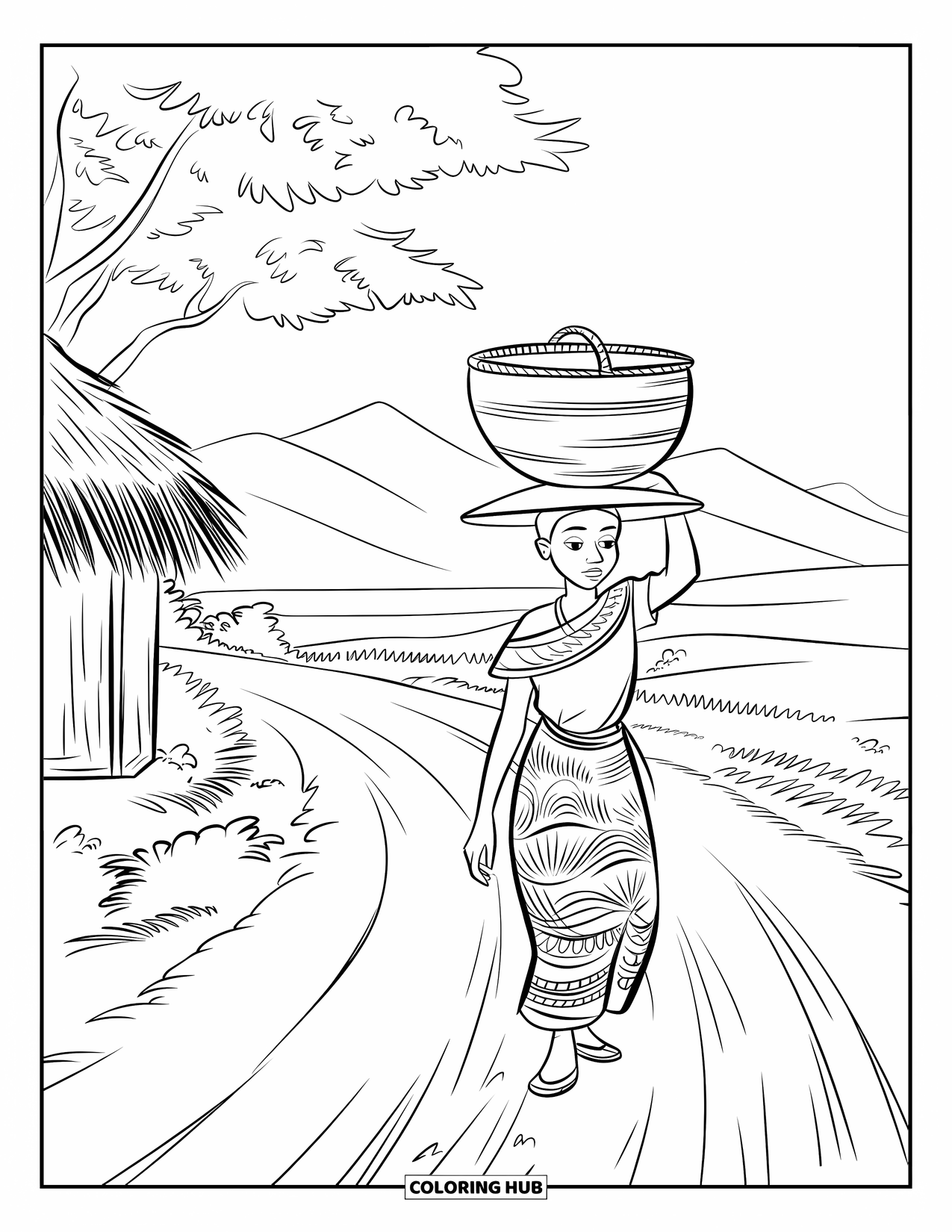 Africa Coloring Page for Kids: A cheerful woman with a basket walks near huts and trees