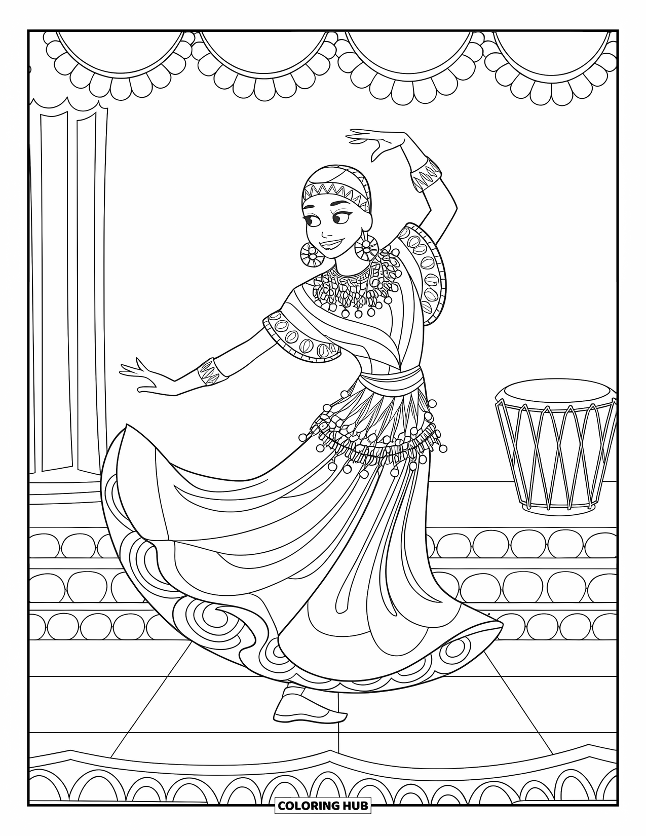 Africa Coloring Page for Kids: A dancing woman shines in swirling beaded fabrics