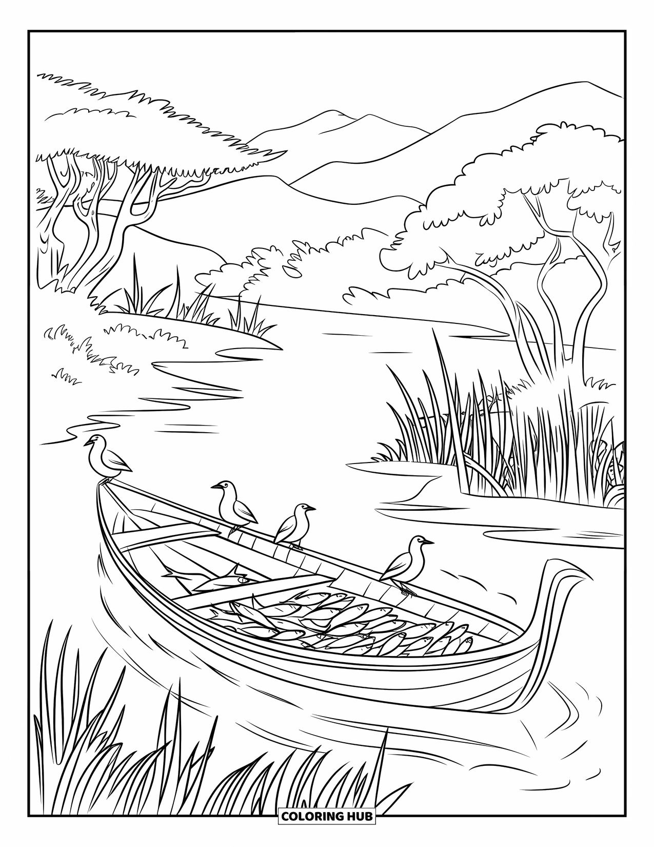 Africa Coloring Page for Kids: A fishing boat floats on a calm river with reeds and birds