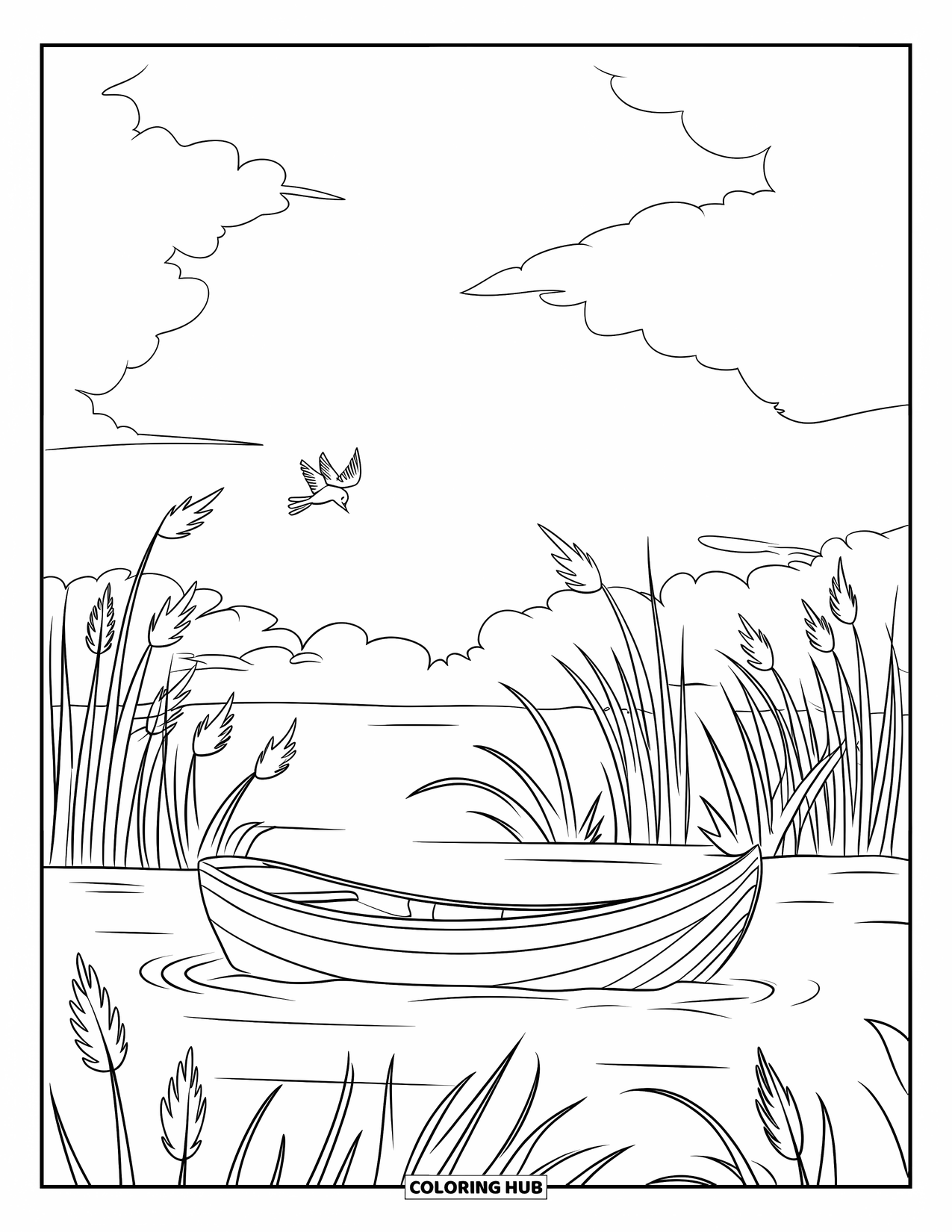 Africa Coloring Page for Kids: A fishing boat glides quietly through a reed-lined river