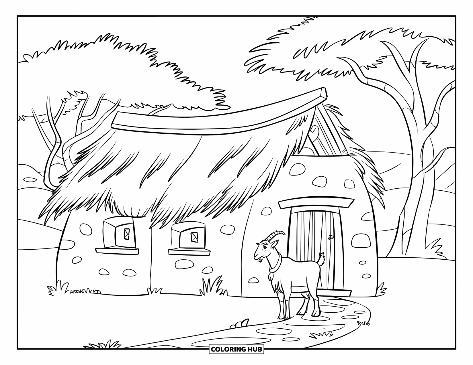 Africa Coloring Page for Kids: A goat rests beside a small stone house and mountain view