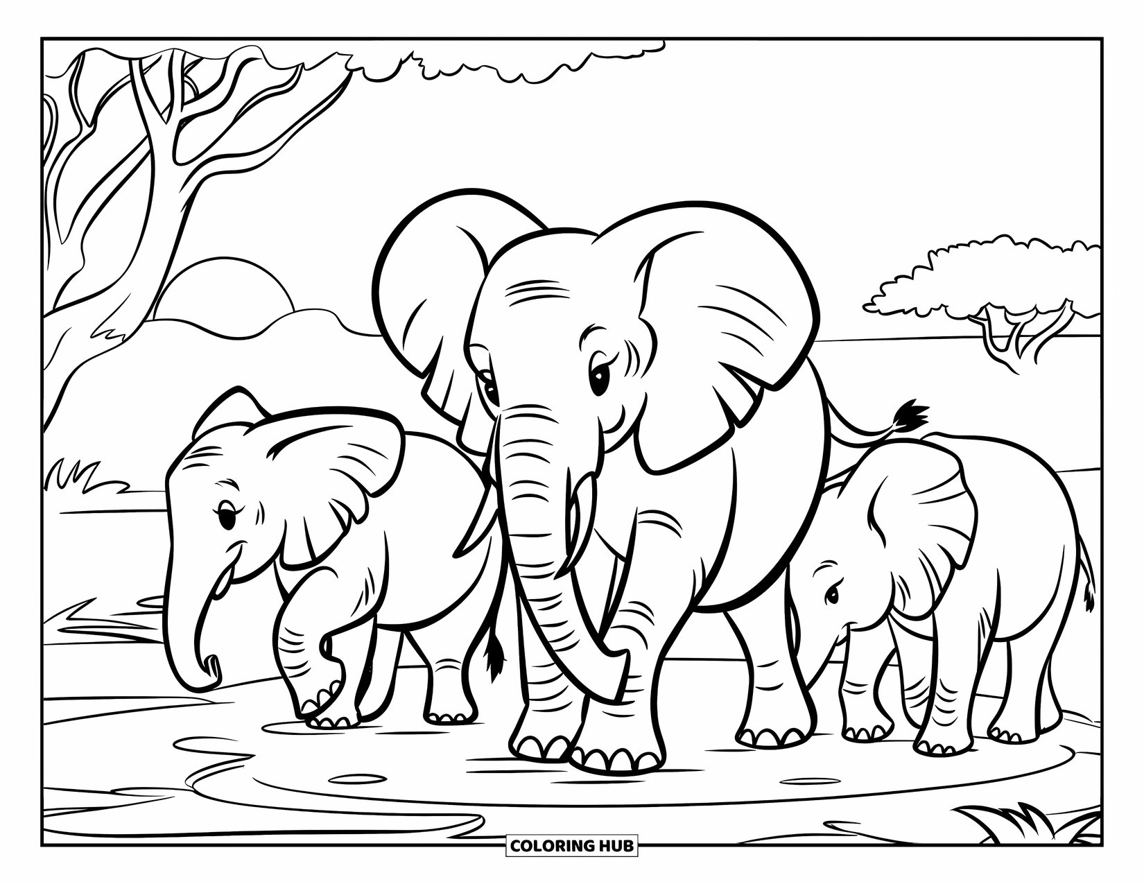 Africa Coloring Page for Kids: A herd of elephants walks through grass toward a sunset pond
