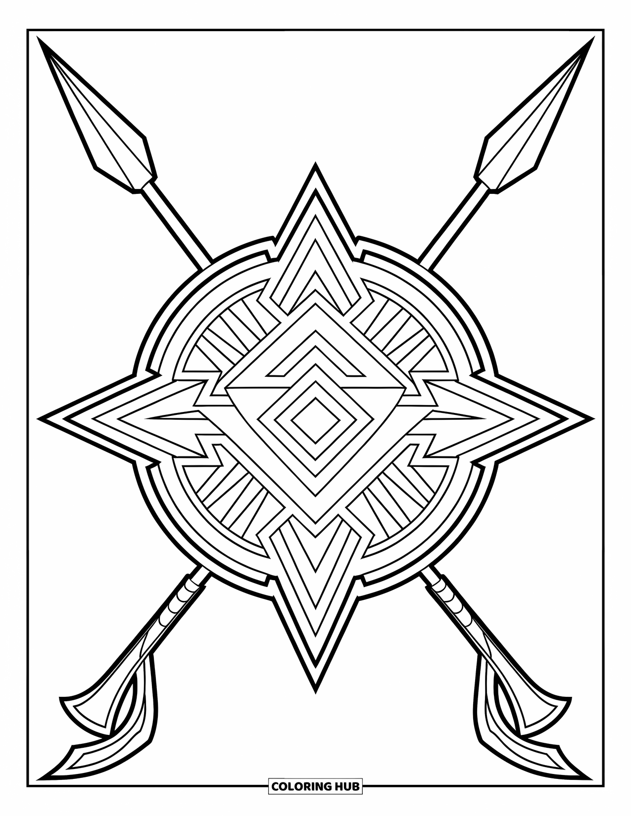 Africa Coloring Page for Kids: A patterned shield with long spears crossed behind it