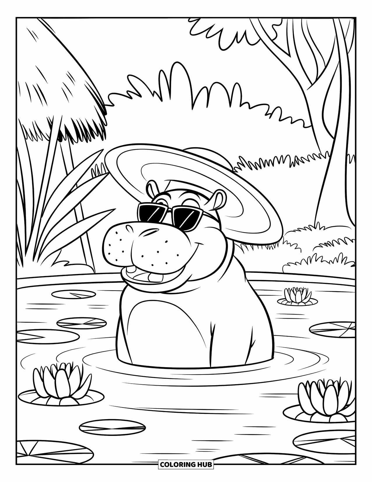 Africa Coloring Page for Kids: A playful hippo smiles in the pond wearing a straw hat