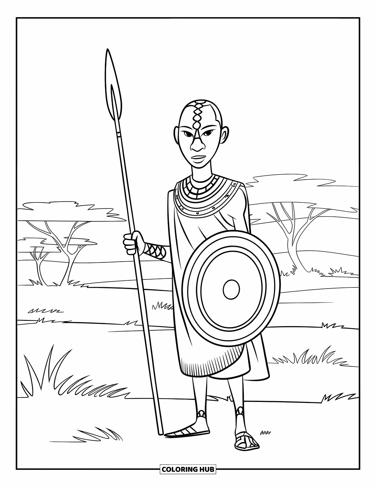 Africa Coloring Page for Kids: A proud Masai warrior gazes across the grassy savanna